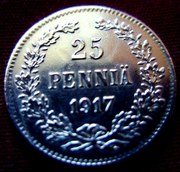 Редкая,  серебряная монета 25 пенни,  г/в 1917(корона).