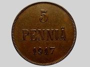 Редкая,  медная монета 5 пенни 1917 года.